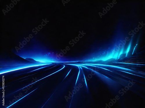 Blue blue spectrum lights tech black party club neon lights abstract wave technology background, black background. wide banner, poster, website, video editing, background. ai