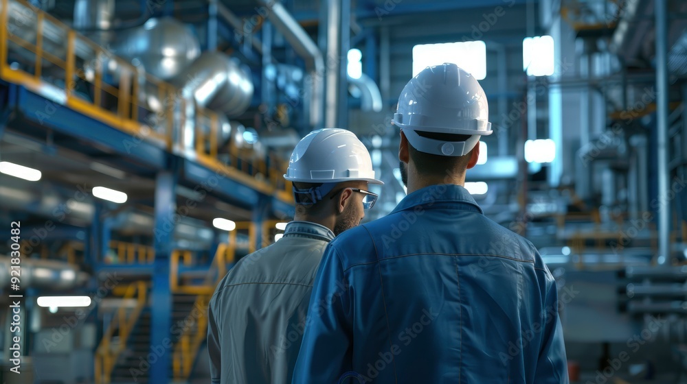 Industrial Engineers In Hard Hats Working At Heavy Industry Manufacturing Factory, Diligent And Safety-Conscious Industrial Engineers In Hard Hats Working At Heavy Industry Manufacturing Factory, Diligent And Safety-Conscious