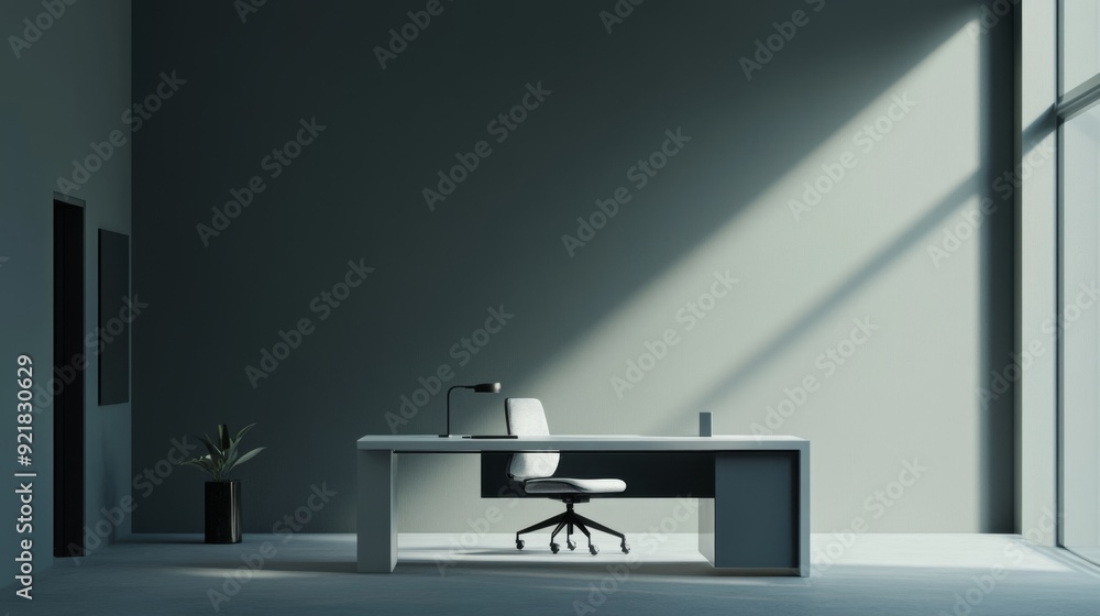 Sleek Minimalist Workspace, a clean and modern design featuring an elegant desk and chair, emphasizing simplicity and functionality in a serene environment. Sleek Minimalist Workspace, a clean and modern design featuring an elegant desk and chair, emphasizing simplicity and functionality in a serene environment.