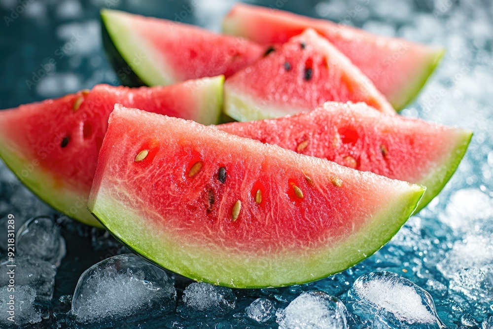 Slices of watermelon on ice. Perfect for use in summer food and drink advertising.