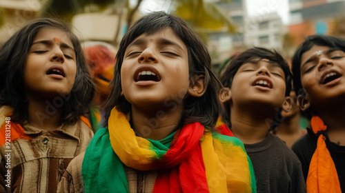 close shot of young multicultural group of kids singing with joy