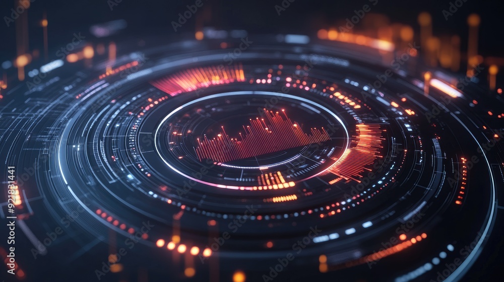 High-tech circle graph with interactive elements and glowing segments, futuristic look High-tech circle graph with interactive elements and glowing segments, futuristic look