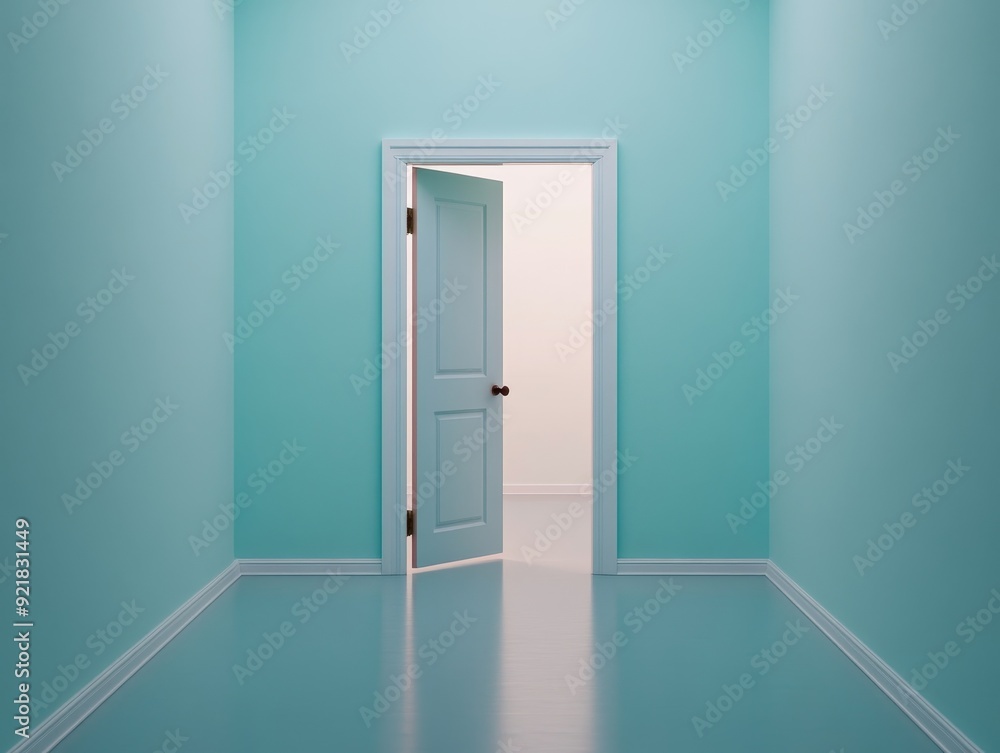 A serene interior with a turquoise door leading to a bright, inviting space. A perfect representation of openness and tranquility. A serene interior with a turquoise door leading to a bright, inviting space. A perfect representation of openness and tranquility.