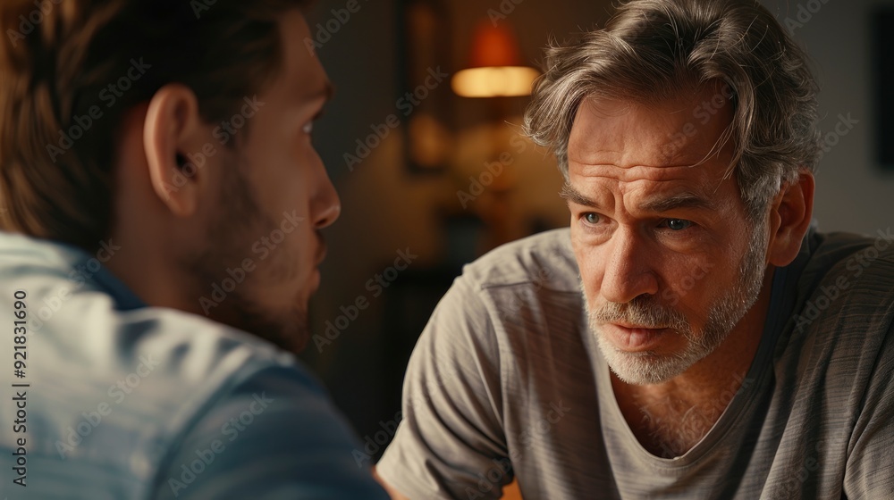 Mature Man Helping Younger Man Verbalize Problems In Therapy, Supportive And Empathetic Mature Man Helping Younger Man Verbalize Problems In Therapy, Supportive And Empathetic