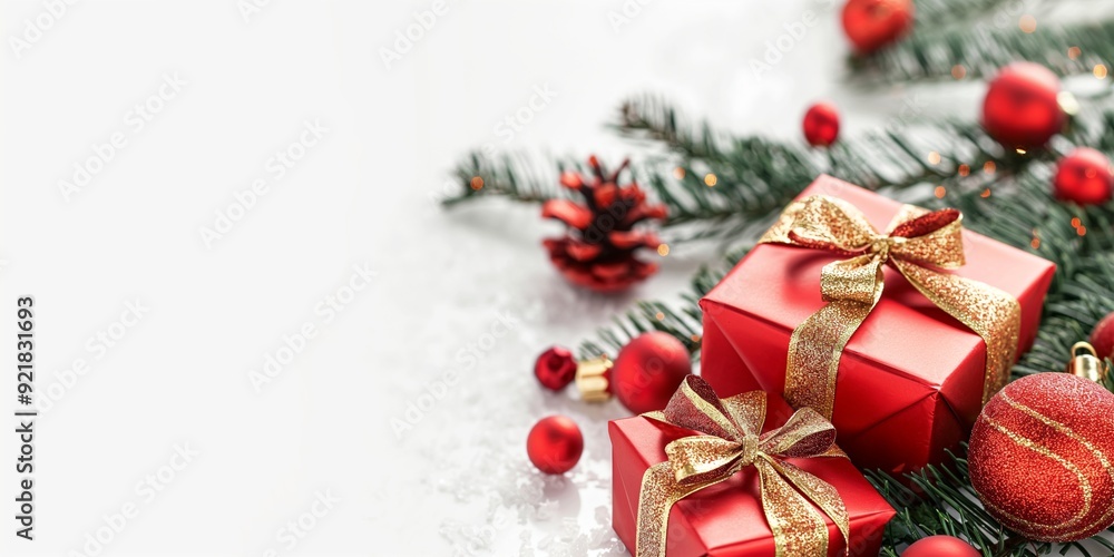 Christmas gift boxes with golden ribbons, christmas tree Christmas gift boxes with golden ribbons, christmas tree