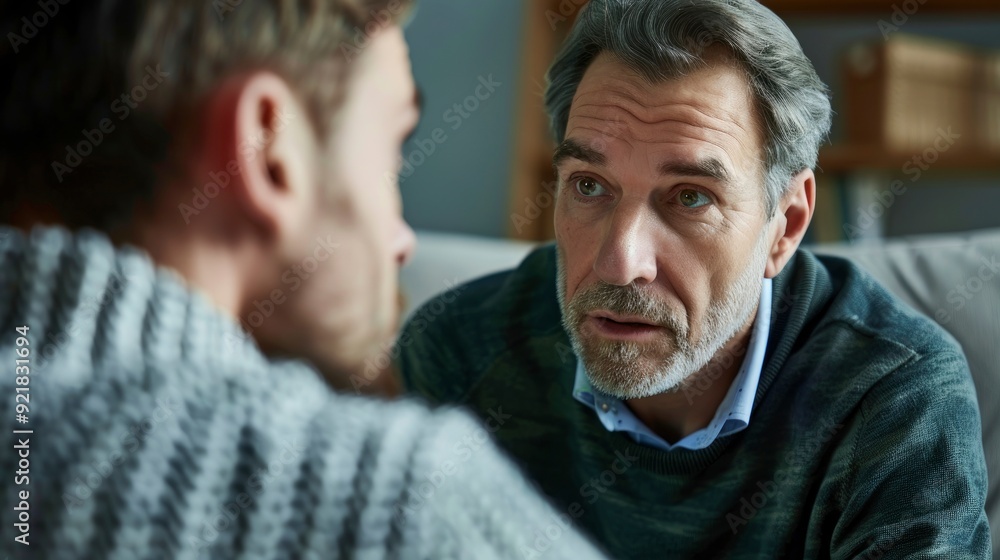Fototapeta premium Mature Man Helping Younger Man Verbalize Problems In Therapy, Supportive And Empathetic