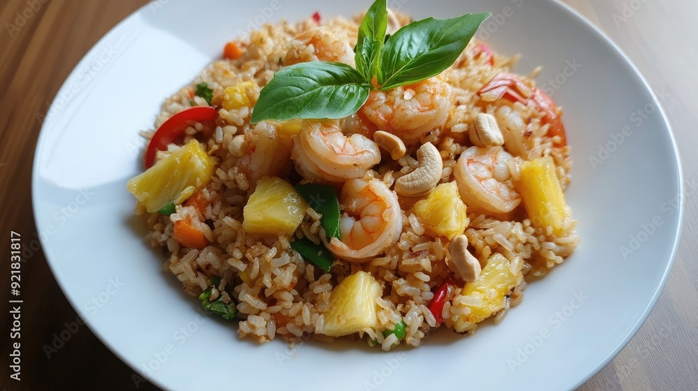 Savory Thai fried rice with shrimp, pineapple, and cashews on a white plate Savory Thai fried rice with shrimp, pineapple, and cashews on a white plate