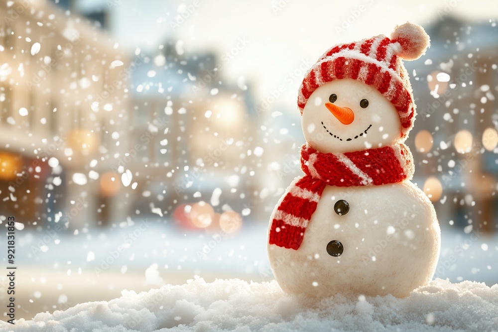 Fototapeta premium A delightful snowman with a bright orange carrot nose, wooden button eyes, and a warm red scarf and hat, standing proudly in a snowy outdoor setting.
