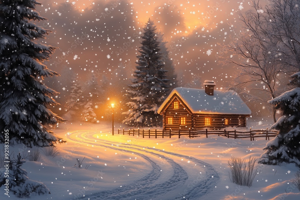 Naklejka premium A picturesque log cabin nestled in a snowy forest, illuminated by the warm glow of its windows as snow gently falls.