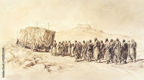 Biblical Illustration of The Ark in Ashdod and Ekron: Leaders of Ashdod Decide to Move Ark to Gath, Seeking Relief from Afflictions, Beige Background, Faith, Decision, Old Testament