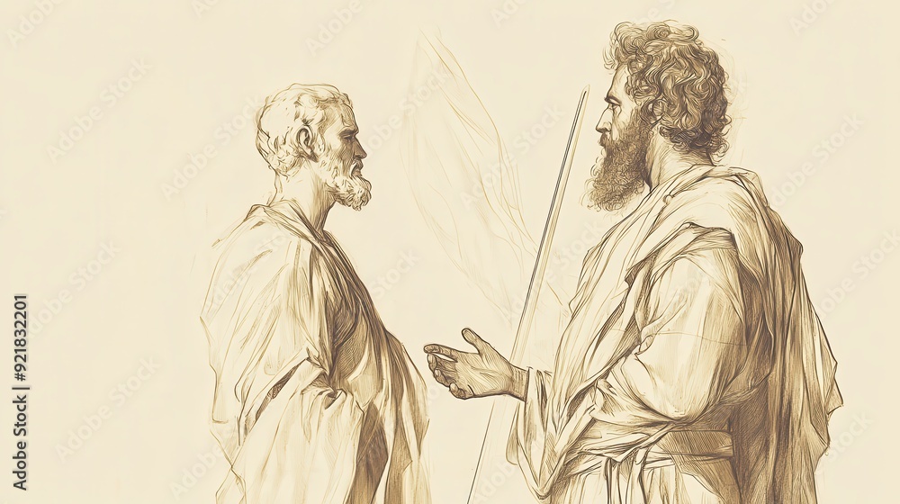 Biblical Illustration of David Swearing to Saul, Promising Not to Harm His Family, Saul Returning Home, Bible Wall Art with Beige Background Biblical Illustration of David Swearing to Saul, Promising Not to Harm His Family, Saul Returning Home, Bible Wall Art with Beige Background