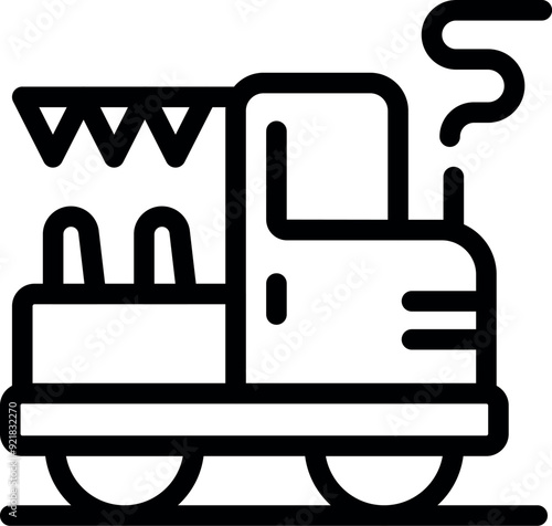Street food black and white icon of a food truck arriving to the city festival to sell food