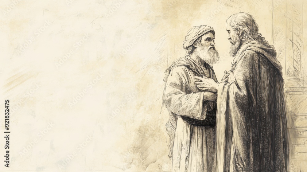 Fototapeta premium Biblical Illustration of The Birth of Samuel: Hannah Visiting Samuel at the Temple, Bringing a New Robe Each Year as He Grows in the Lord's Service, Beige Background, Faith, Care, Old Testament