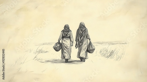 Biblical Illustration: Naomi and Ruth setting out on their journey back to Bethlehem, carrying their belongings, illustrated on a beige background