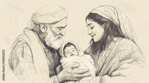 Biblical Illustration of The Birth of Samuel: Elkanah and Hannah Presenting Newborn Samuel to the Lord in Thanksgiving, Beige Background, Faith, Worship, Old Testament Story
