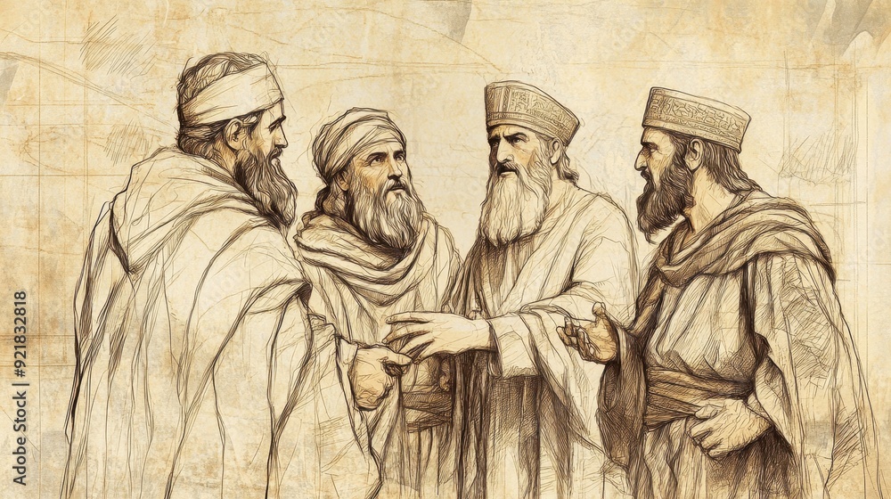 Biblical Illustration of Saul Accusing Ahimelech and Priests of Conspiracy, Ordering Their Execution, Bible Wall Art with Beige Background Biblical Illustration of Saul Accusing Ahimelech and Priests of Conspiracy, Ordering Their Execution, Bible Wall Art with Beige Background