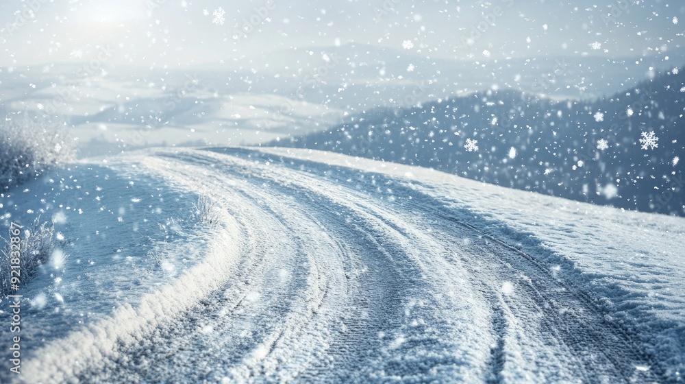 Snow-covered hillside with a winding road and falling snowflakes