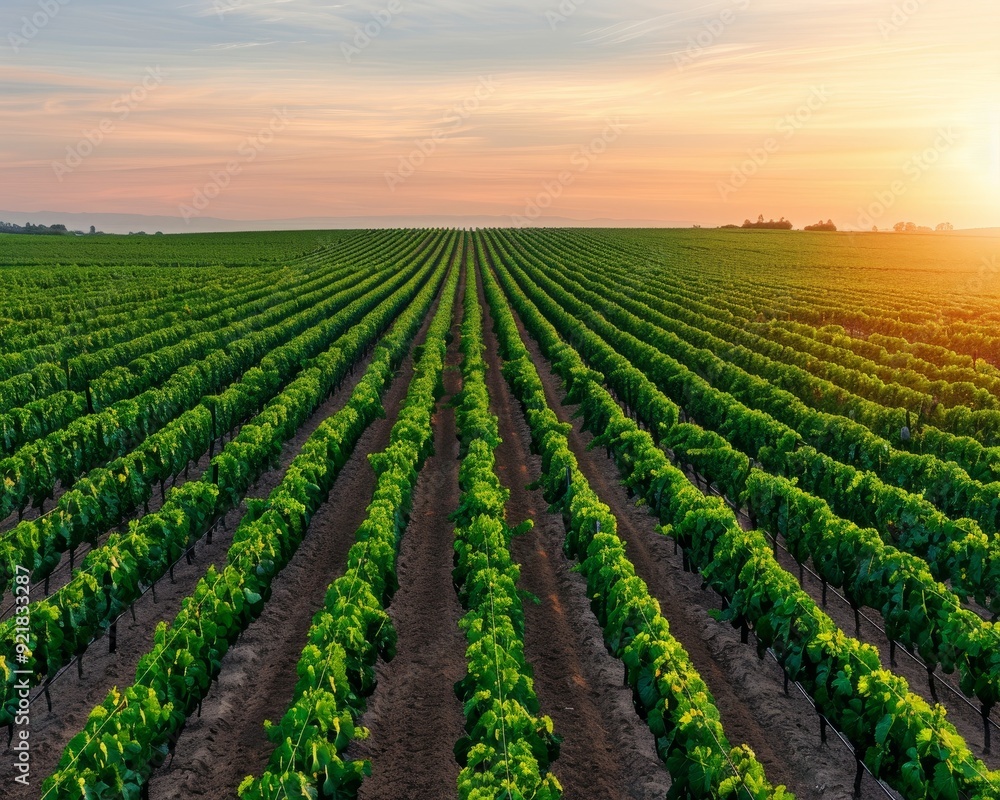 A stunning sunset over a lush vineyard, showcasing rows of green grapevines under a colorful sky. A stunning sunset over a lush vineyard, showcasing rows of green grapevines under a colorful sky.