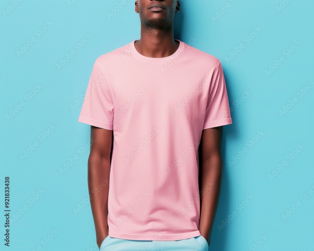 A stylish model in a pink t-shirt against a vibrant blue background, showcasing modern fashion and casual elegance. A stylish model in a pink t-shirt against a vibrant blue background, showcasing modern fashion and casual elegance.