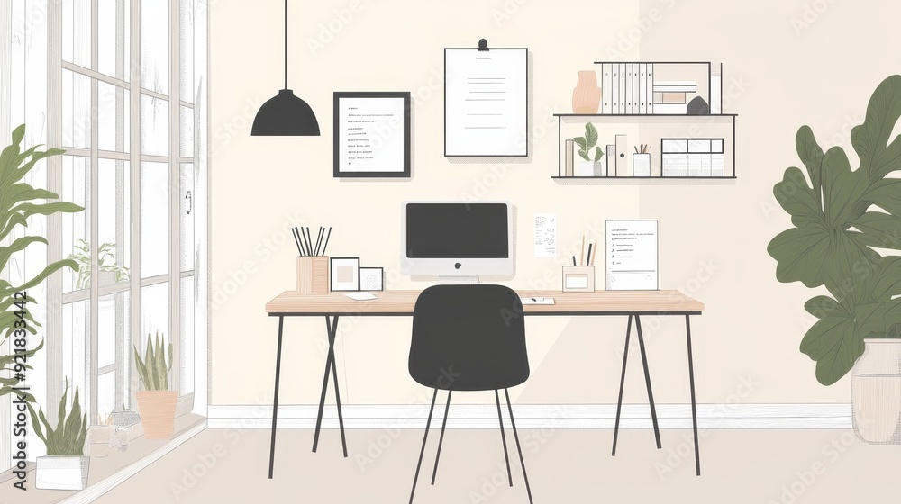 Stylish home office desk design, cozy workspace atmosphere, minimalistic vector illustration, ample copy-space for branding or text integration, elegant line art details. Stylish home office desk design, cozy workspace atmosphere, minimalistic vector illustration, ample copy-space for branding or text integration, elegant line art details.