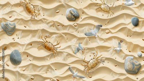 Crabs scuttle along the sandy beach while seagulls fly overhead on a warm afternoon