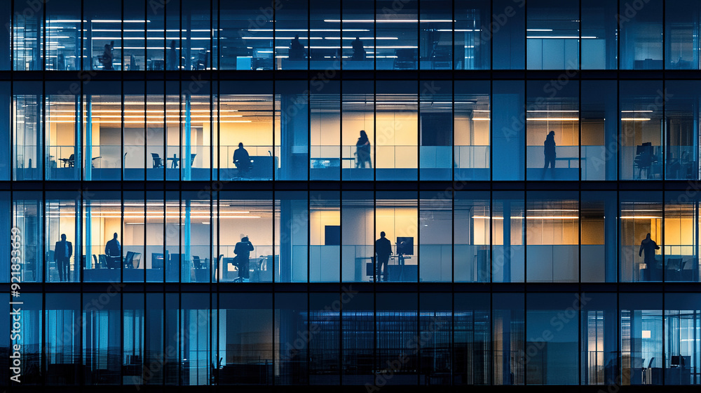 Futuristic office buildings with reflective glass surfaces and blurred silhouettes of workers perfectly blend with the modern minimalist design of the buildings, highlighting the concept of business Futuristic office buildings with reflective glass surfaces and blurred silhouettes of workers perfectly blend with the modern minimalist design of the buildings, highlighting the concept of business