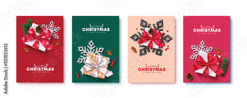 Christmas greeting card vector poster set design. Merry christmas greeting text with gift boxes and glitter snowflakes elements for gift tags colorful lay out poster. Vector illustration xmas card 