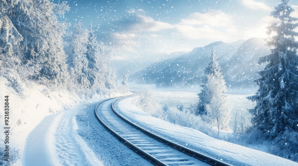 Snowfall over a scenic railway track winding through a snowy landscape Snowfall over a scenic railway track winding through a snowy landscape