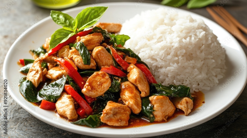 Spicy Thai basil chicken stir-fry with jasmine rice, presented on a white plate Spicy Thai basil chicken stir-fry with jasmine rice, presented on a white plate