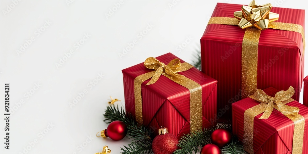 Christmas gift boxes with golden ribbons, christmas tree Christmas gift boxes with golden ribbons, christmas tree