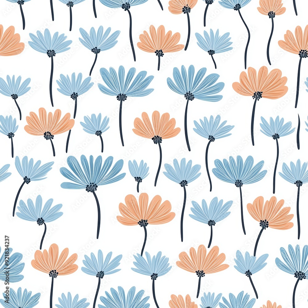 Seamless Pattern of Stylized Orange and Blue Flowers with Long Stems on White Background Seamless Pattern of Stylized Orange and Blue Flowers with Long Stems on White Background