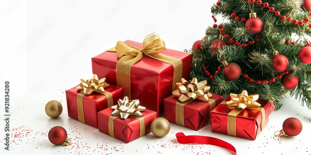 Fototapeta premium Christmas gift boxes with golden ribbons, christmas tree