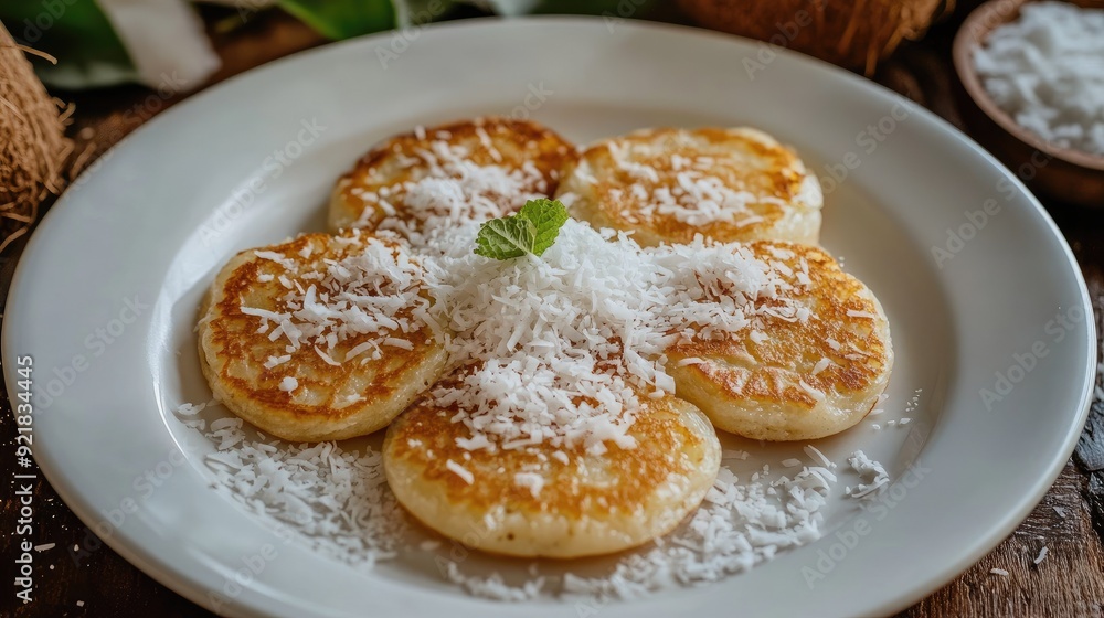 Thai coconut pancakes with shredded coconut, elegantly arranged on a white plate Thai coconut pancakes with shredded coconut, elegantly arranged on a white plate