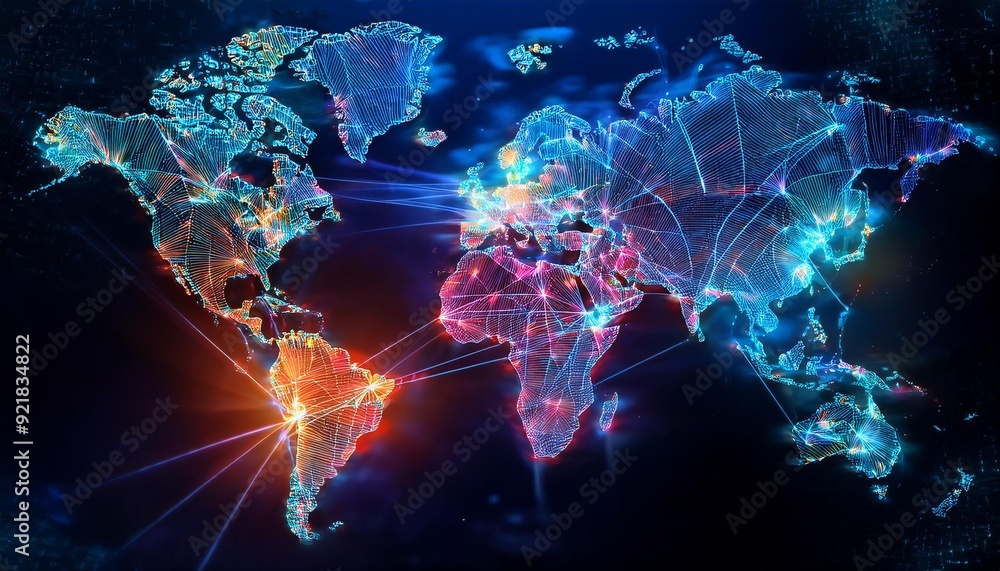 A vibrant, interconnected world map showcasing global networks and data flows. A vibrant, interconnected world map showcasing global networks and data flows.
