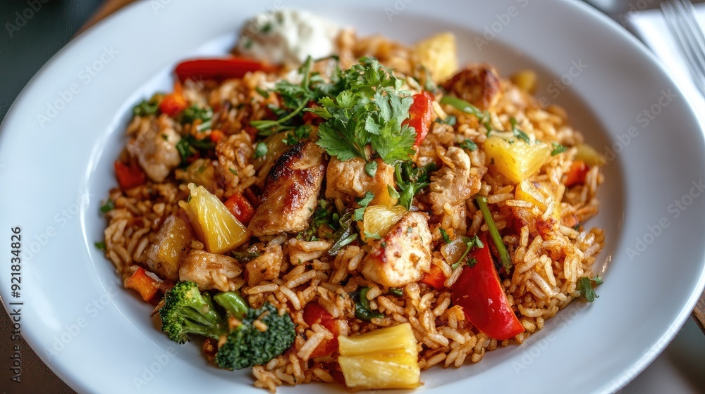 Thai pineapple fried rice with chicken and vegetables, served on a white plate Thai pineapple fried rice with chicken and vegetables, served on a white plate