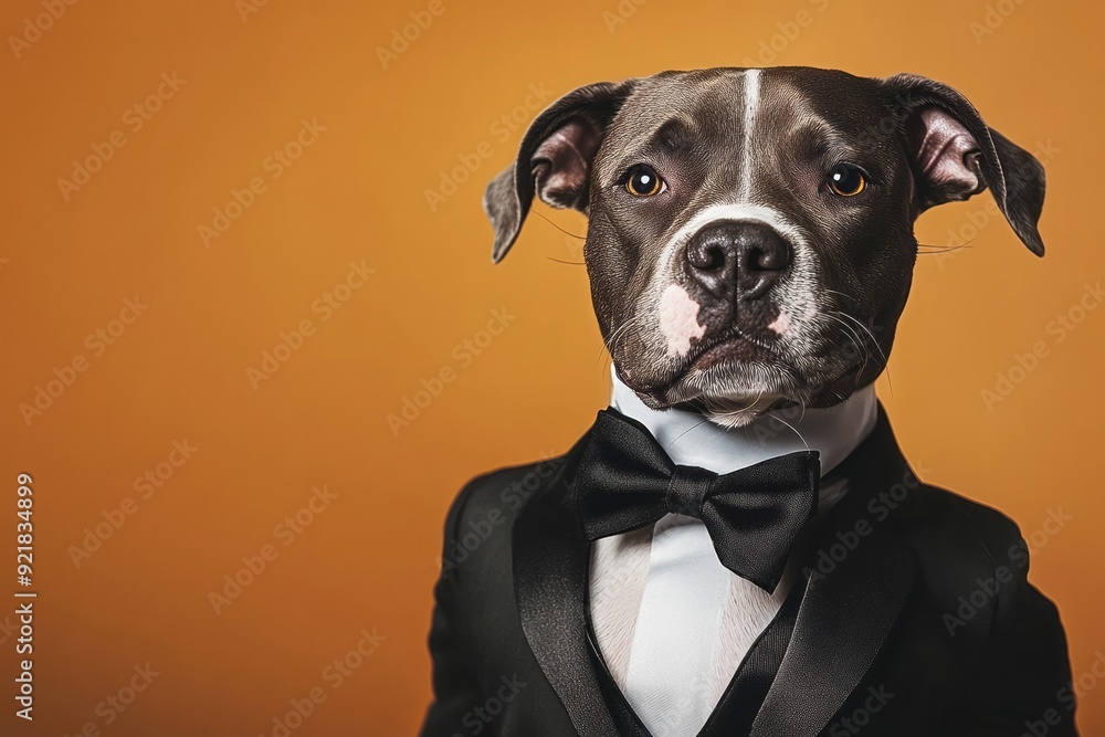 Dapper Dog in Tuxedo Against Orange Background