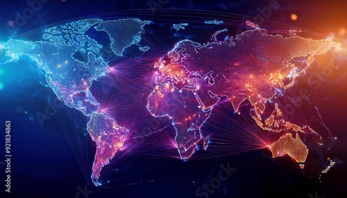Wallpaper Mural A vibrant, interconnected world map showcasing global networks and data flows. Torontodigital.ca
