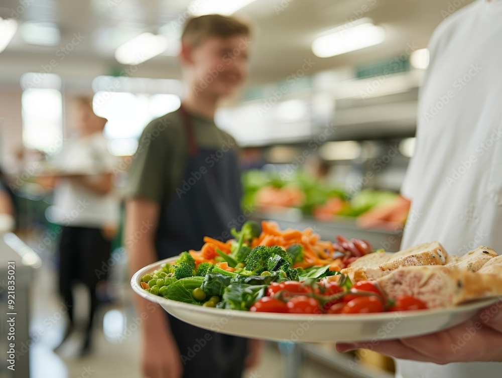A young chef serves a colorful plate of fresh vegetables and chicken in a bustling kitchen environment. A young chef serves a colorful plate of fresh vegetables and chicken in a bustling kitchen environment.