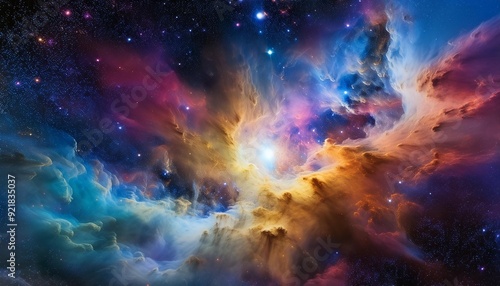 A mesmerizing cosmic landscape showcasing a vibrant nebula with swirling colors and a distant star