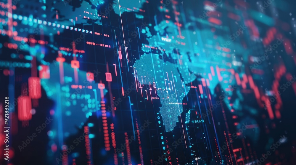 Fototapeta premium A Stock Market Or Forex Trading Graph, With A World Map Background, Represents The Global Network