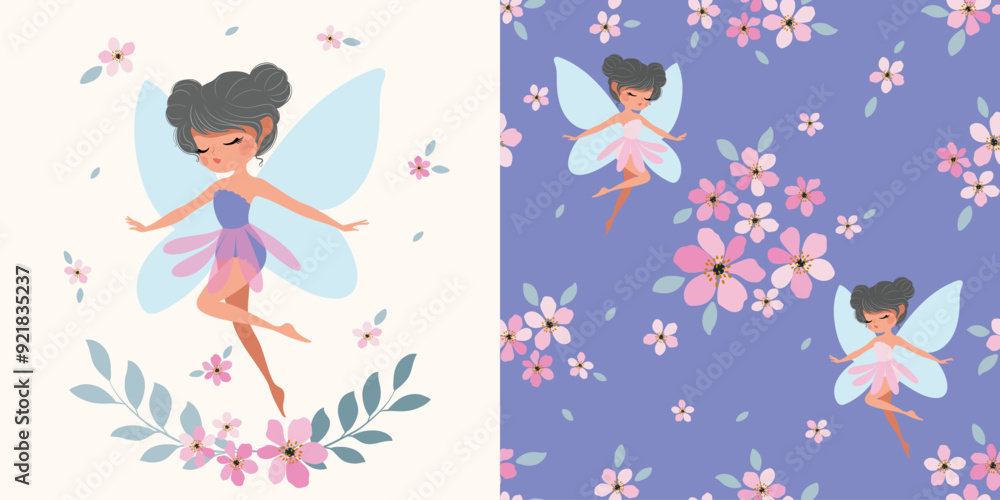 Little fairy illustration and seamless pattern design, cute fairy design for children's products, graphic and pattern design set, cute fairy collection, artwork for wallpapers, t shirt prints. Little fairy illustration and seamless pattern design, cute fairy design for children's products, graphic and pattern design set, cute fairy collection, artwork for wallpapers, t shirt prints.