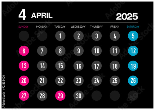 2025年の4月のカレンダー日曜始まり