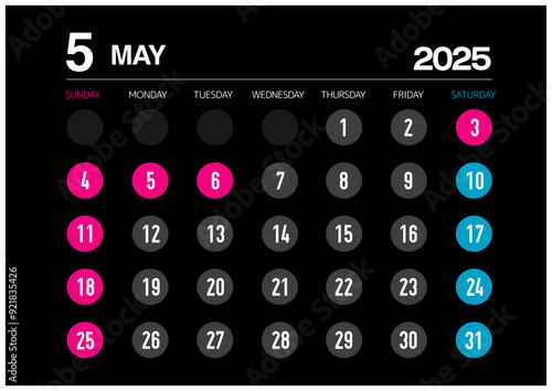 2025年の5月のカレンダー日曜始まり