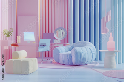 Futuristic modern workspace with computer in pastel room. Minimal interior vibrant and imaginative office. Abstract shapes decoration fantasy and dreamy. photo