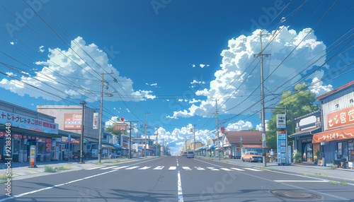 anime background illustration, empty street atmosphere in the middle of a beautiful city in the afternoon
