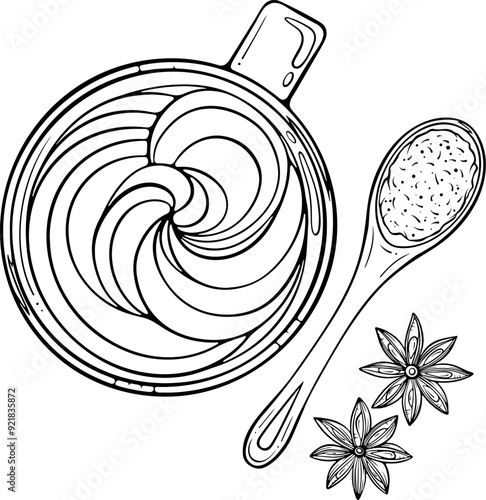 Cup of cappuccino with a teaspoon of sugar and star anise spices top view. Composition with coffee drink. Vector illustration in hand drawn sketch style. Line art isolated on white for coloring book