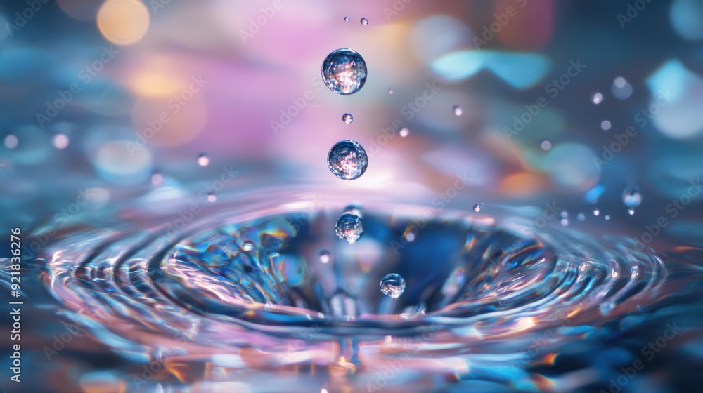 Water Droplet Splashing in Iridescent Blue Water Water Droplet Splashing in Iridescent Blue Water