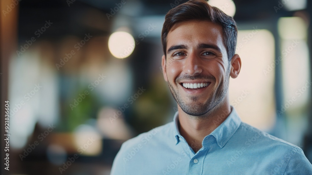 Fototapeta premium Man smiling in blue shirt