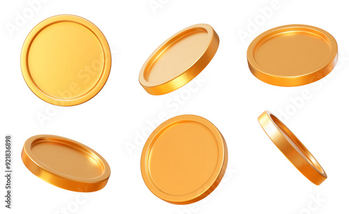 3D set realistic golden coins with different angles.  Symbol of gold and wealth. Stock vector illustration on isolated background.