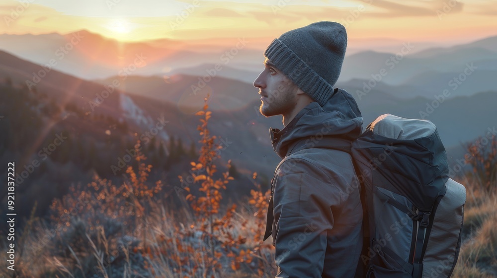 Sporty man in grey beanie hiking at sunrise on mountain trail, glowing in warm morning light Sporty man in grey beanie hiking at sunrise on mountain trail, glowing in warm morning light